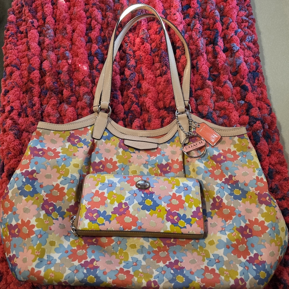 Multicolor Floral Coach Purse & Matching Wallet